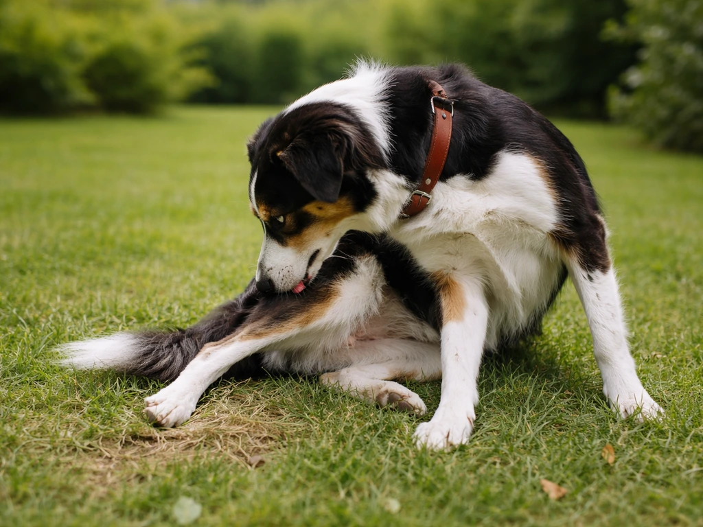 Chien sur une pelouse, en train de se lécher la patte après avoir couru, avec signes d’irritation légers au sol.