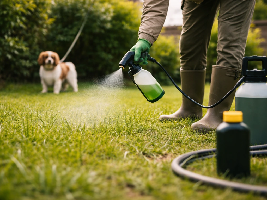 Comparaison: application d’un produit de biocontrôle au jardin, avec précautions visibles pour animaux, sans texte.
