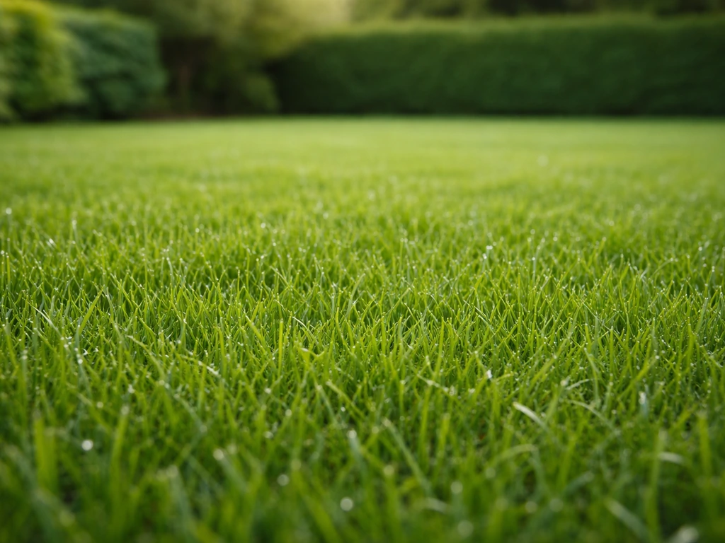 Pelouse dense et verte au ras du sol, gouttes d’eau et aspect homogène évoquant un entretien régulier.