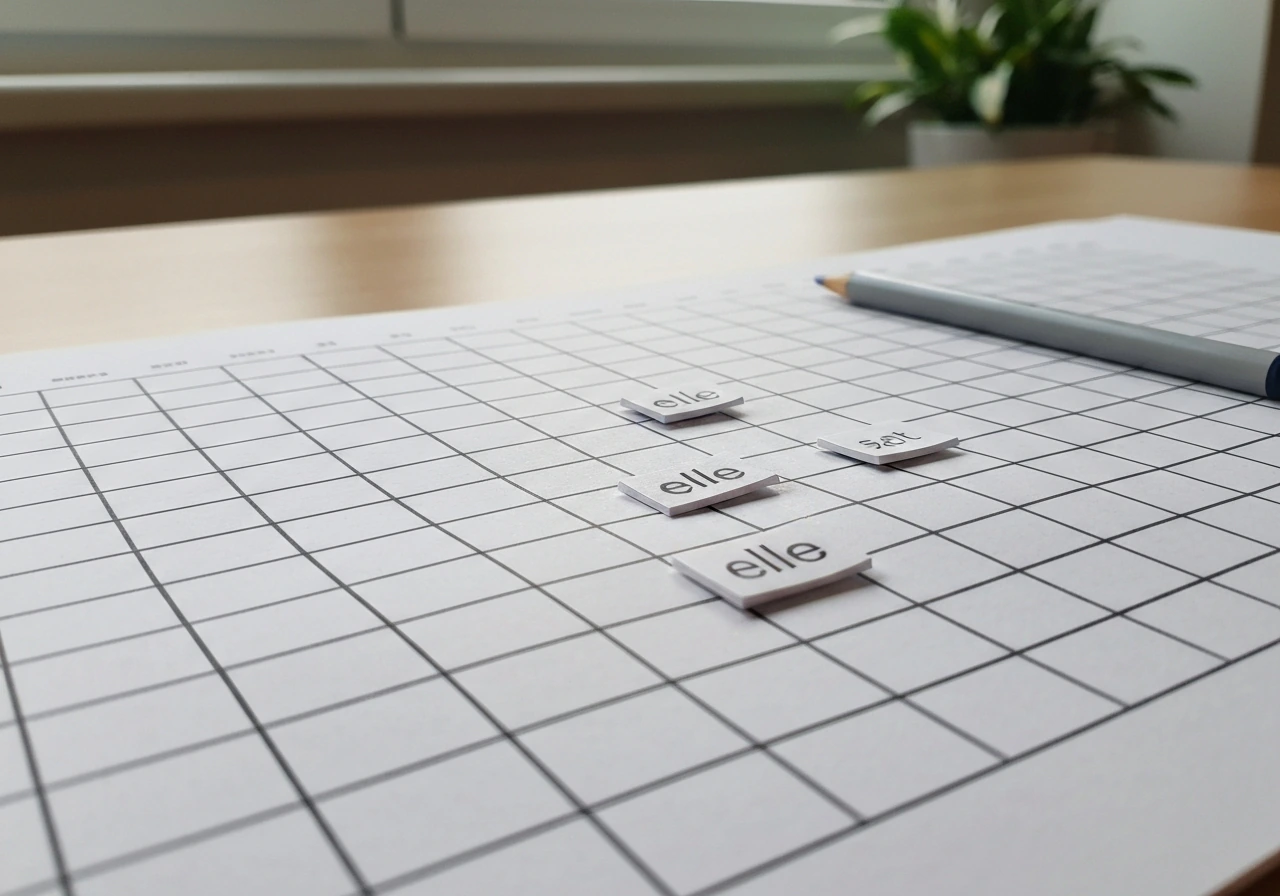 Grille de mots fléchés vierge, mise en évidence du mot « elle » et d’un indice « dans le gazon »