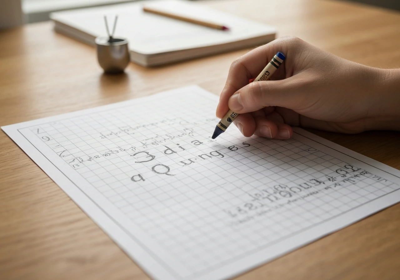 Main avec un crayon près d’une grille de mots croisés, quelques lettres déjà remplies, essais au crayon autour.