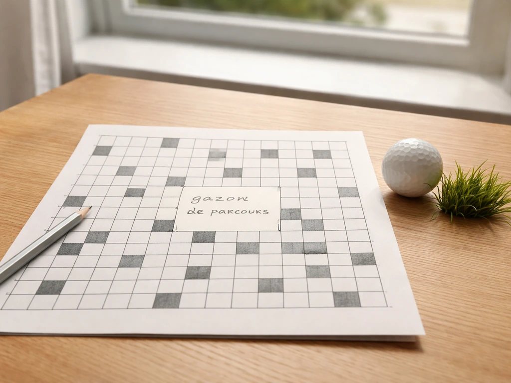 Grille de mots fléchés minimaliste et mot « gazon de parcours » évoquant le vocabulaire du golf