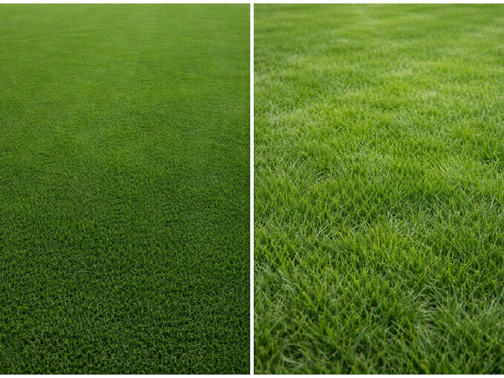 Comparaison : deux bandes de pelouse, l’une tondue et dense comme un green, l’autre décorative, plus souple et irréguliè