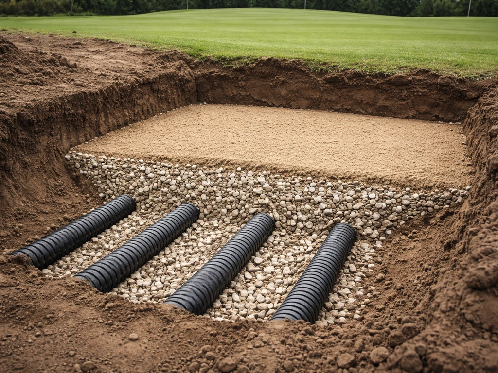 Coupe réaliste d’un green avec drains, gravier de drainage et couches de sol pour illustrer le drainage.