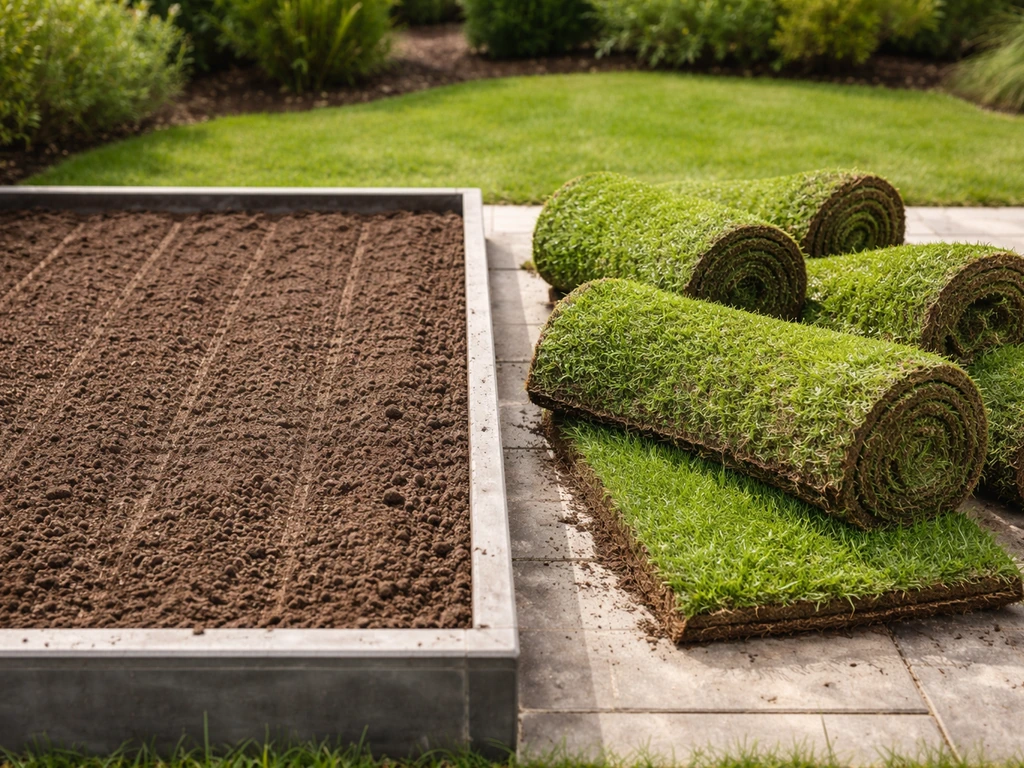 Comparaison : bacs de semis d’agrostide à côté de rouleaux de gazon en plaques prêts à poser.