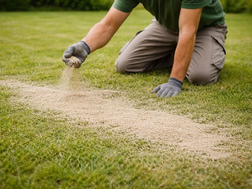 Gazon tondu ras avec sable fin fraîchement épandu, petite zone plus claire après topdressing pour limiter le chaume