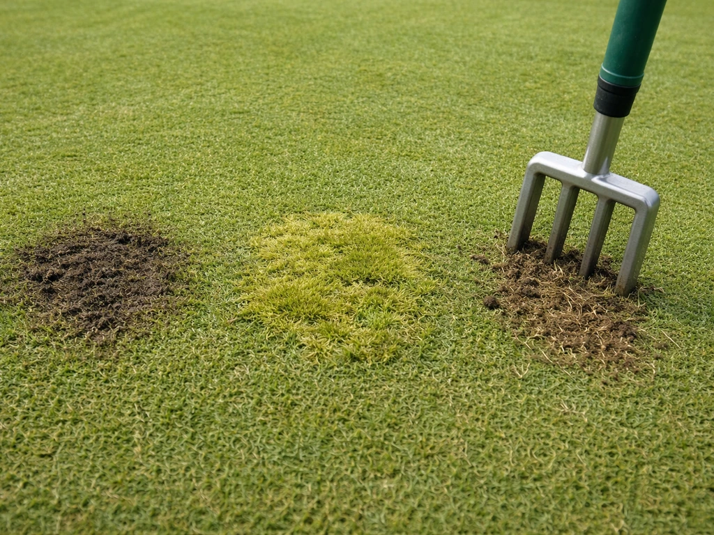 Gazon ras avec zones de mousse et taches suspectes, fourche creuse d’aération enfoncée dans une zone compactée.