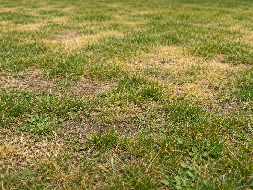 Gazon avec zones jaunies et clairsemées, vue rapprochée pour lire l’état immédiat.