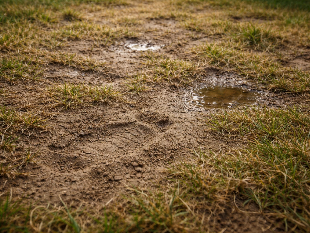Gazon au sol compacté, traces de piétinement et eau stagnante après arrosage, texture terne en gros plan.