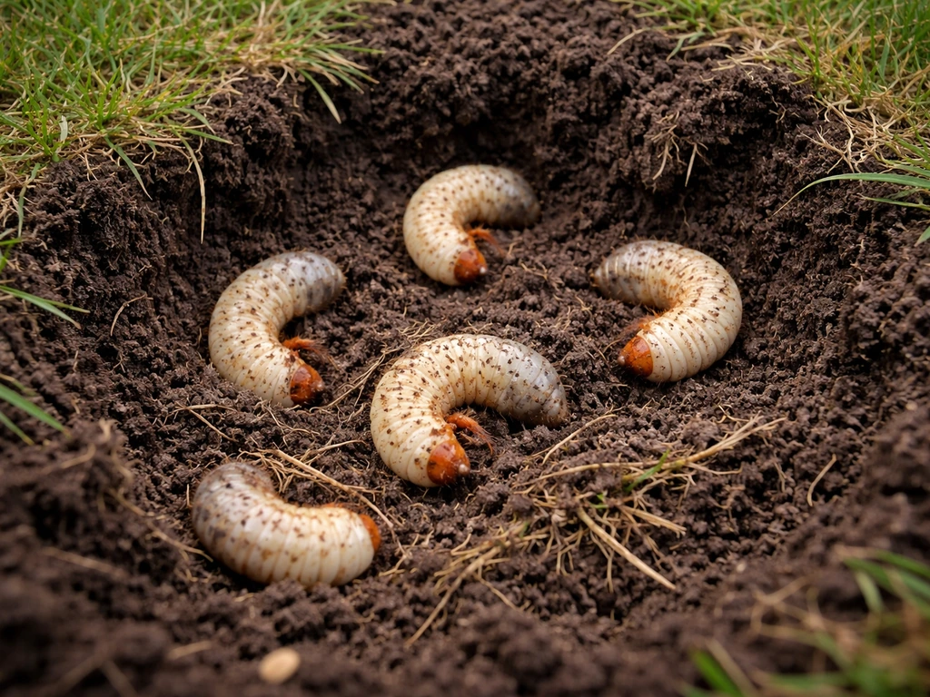 Larves de hanneton blanchâtres dans la terre, près de racines abîmées et d’un gazon jaunissant.