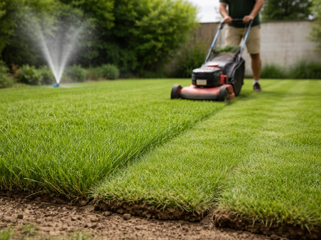 Tonte à hauteur recommandée sur une petite pelouse en plaques, herbe encore dense et récupération en cours.
