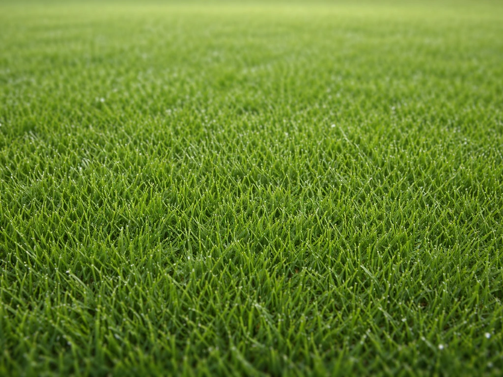 Gros plan d’une pelouse dense et veloutée, bien verte, éclairée par la lumière naturelle.