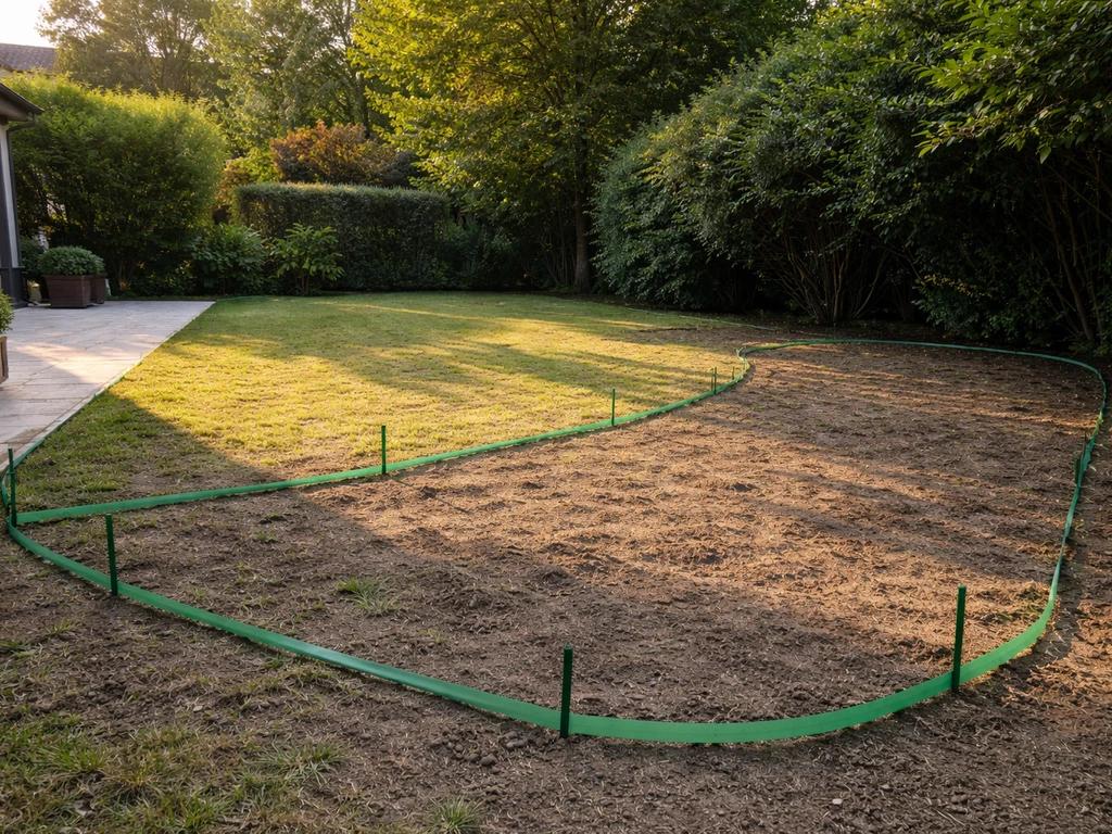 Jardin avant création : zones ensoleillée et ombragée délimitées pour la future pelouse.