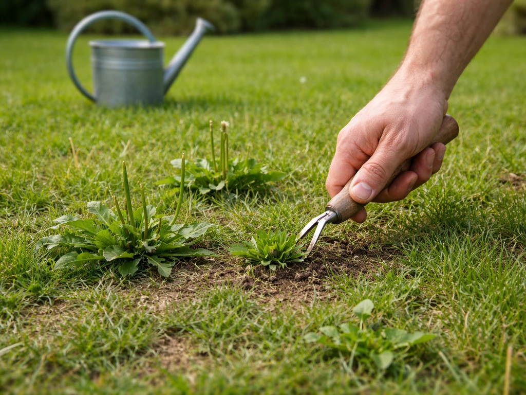 Pelouse jeune avec mauvaises herbes jaunes et une main arrose/ désherbe autour, ambiance jardin minimal.