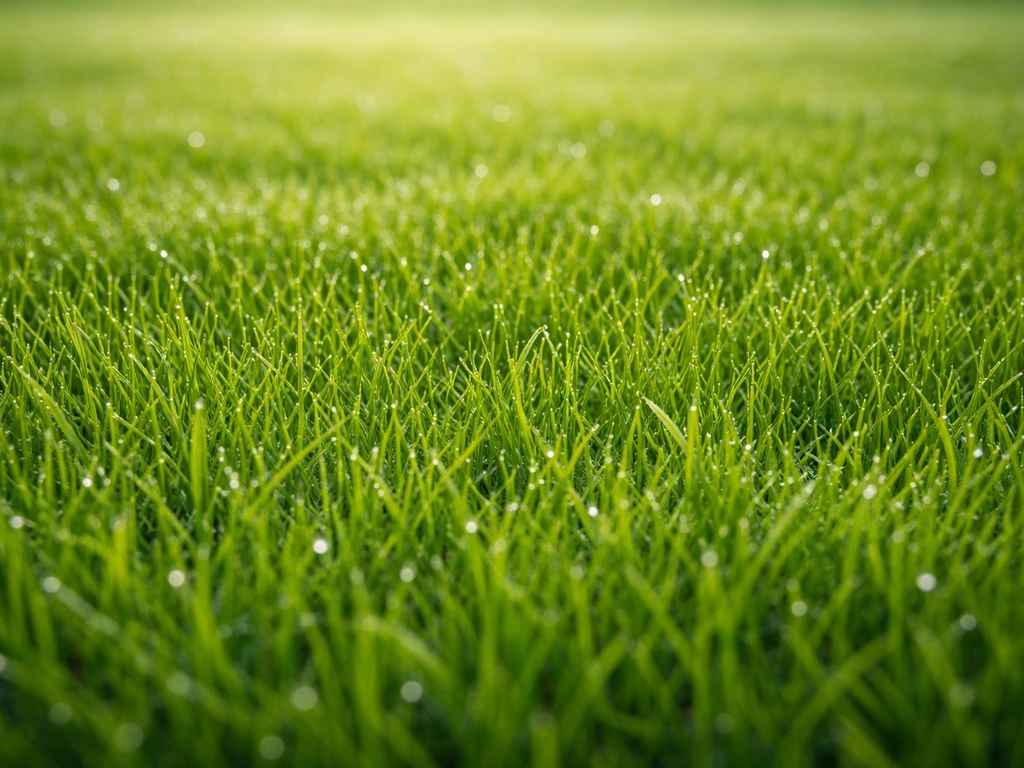 Macro d’une pelouse très dense avec brins d’herbe couvrant entièrement le sol, légère rosée.