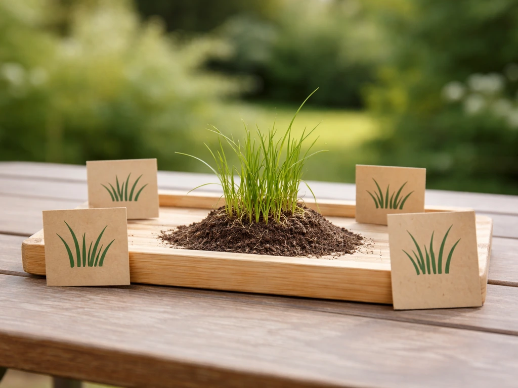 Plateau de jardin en bois avec brins d’herbe et petites étiquettes abstraites pour illustrer gazon/pelouse/herbe.