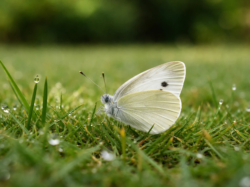 Petit papillon blanc (piéride) posé sur une pelouse française, près des brins d’herbe, arrière-plan légèrement flou.