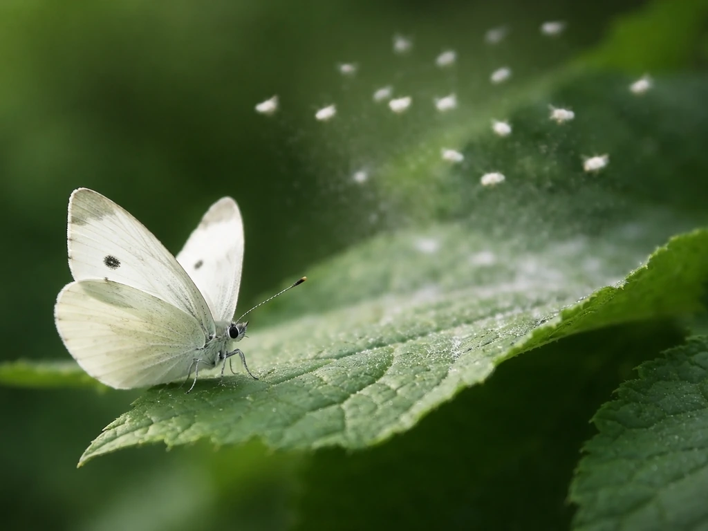 Piéride blanche au premier plan et feuilles couvertes d’aleurodes avec un léger nuage de mouches blanches.