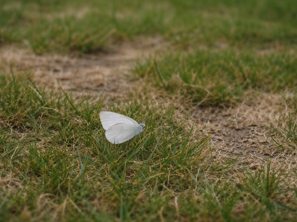 Gazon clairsemé et jaunissant avec un petit insecte adulte près des brins, fond jardin flou, sans texte.