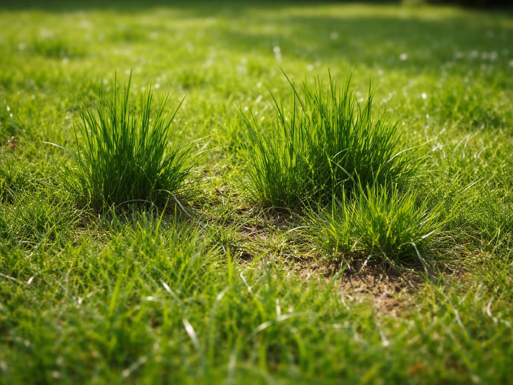 Gros plan sur une pelouse où les brins d’herbe sont très denses et visiblement en forte croissance.