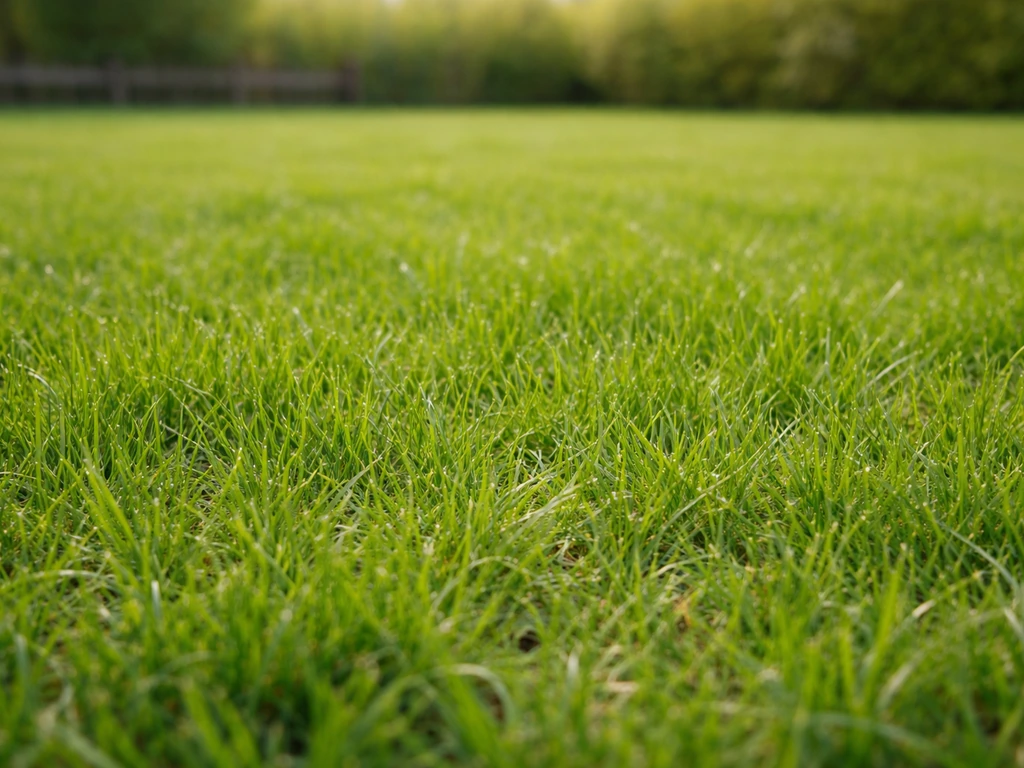 Pelouse verte au début du printemps avec des brins de croissance homogène, ambiance jardin au naturel.
