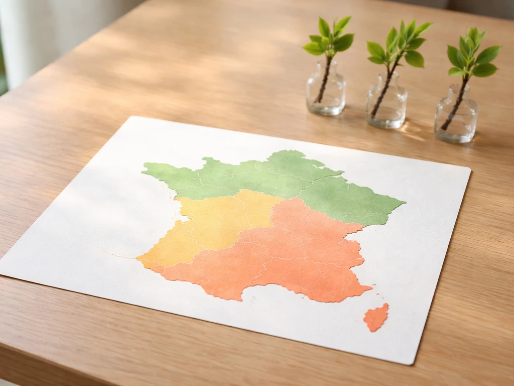 Carte simplifiée de la France en zones Nord/Ouest/Centre/Sud, avec repères visuels de progression saisonnière.