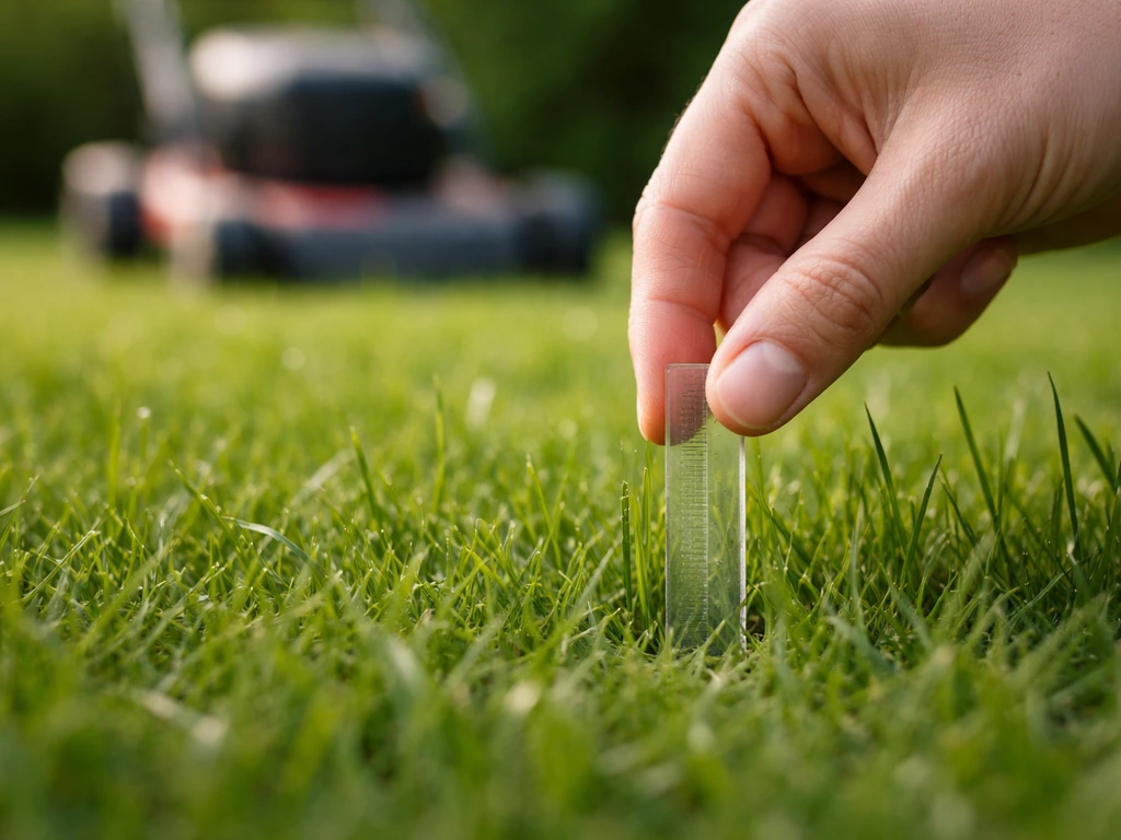 Une main règle la hauteur d’un brin d’herbe près d’un gazon, avec une tondeuse en arrière-plan flou.