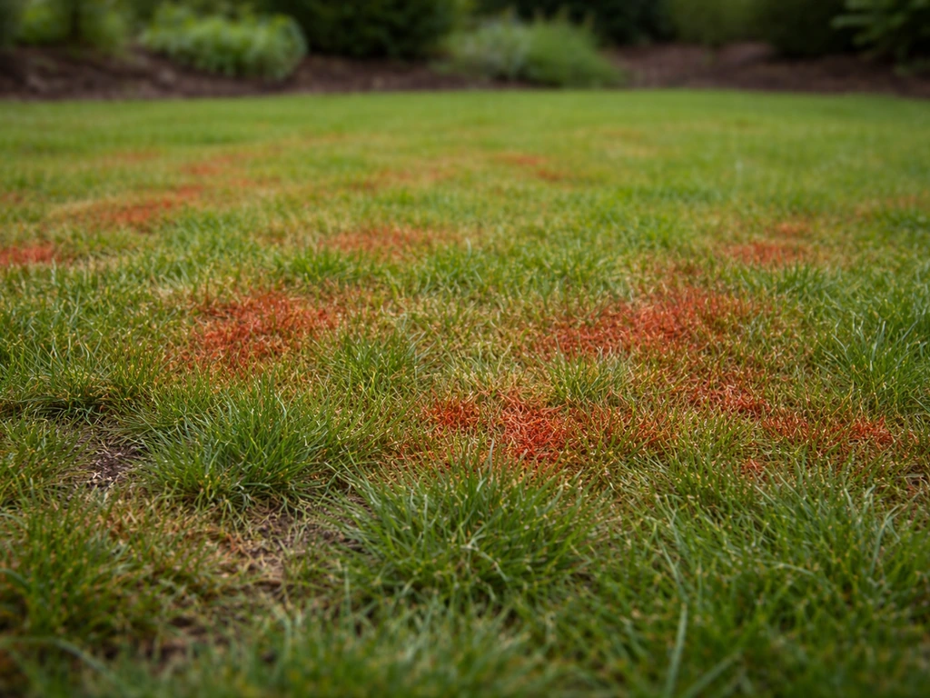 Pelouse rougie avec taches rouges visibles, vue au niveau du regard dans un jardin.