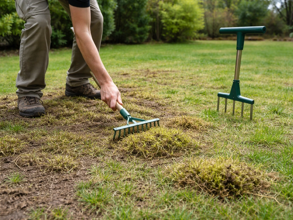 Pelouse en remise en état avec scarification légère et aération à la main, outils sur l’herbe, sans texte.
