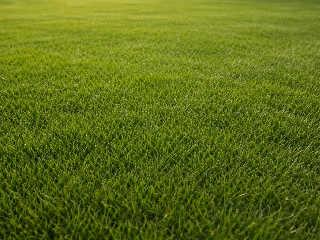 Pelouse dense et uniforme, brins bien visibles, vue légèrement en contre-plongée, effet premium.