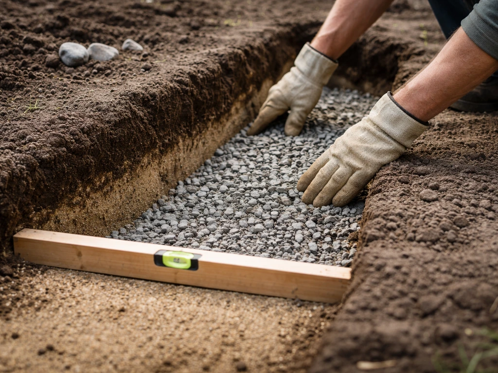 Tranchée de drainage au jardin : couches de sable et gravier visibles, niveau à bulle pour vérifier le nivellement.