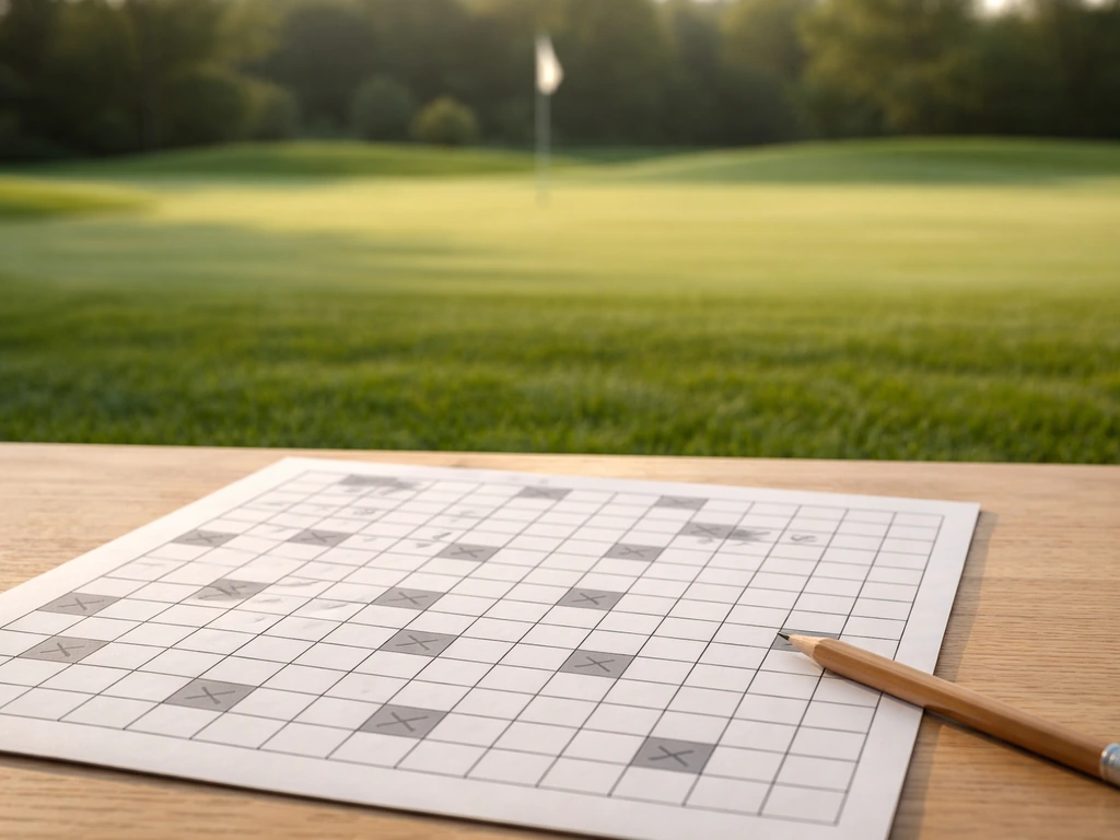 Grille de mots fléchés posée sur une table, fond flou avec un green de golf finement tondu.