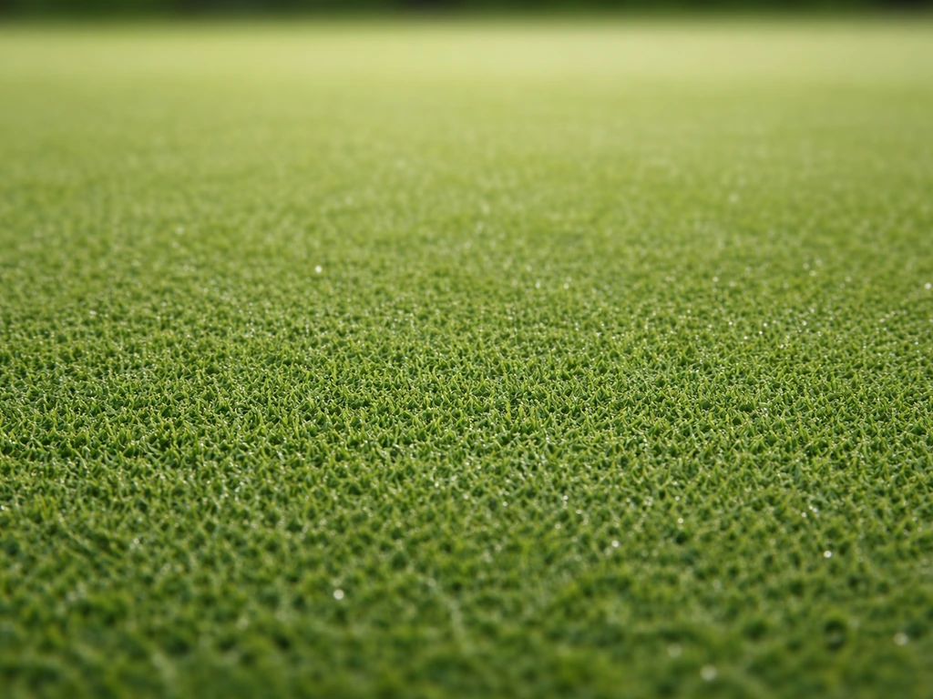 Plan rapproché de brins d’herbe très rasés sur un green de golf, texture fine et naturelle.