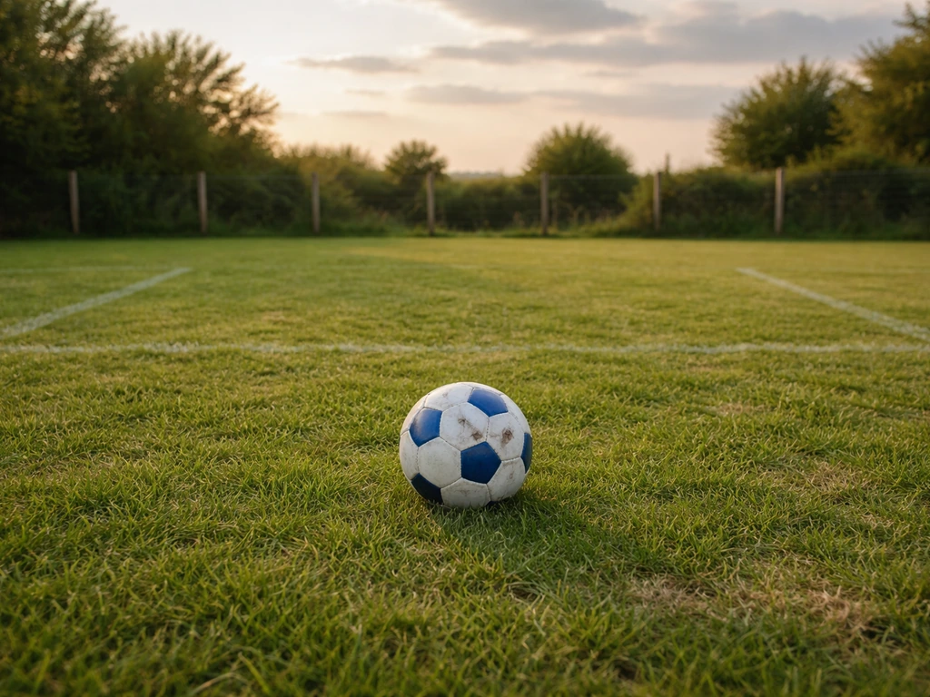 Petit gazon français près d’un terrain de jeu, ballon au premier plan, ambiance Coupe du monde, sans personnes.