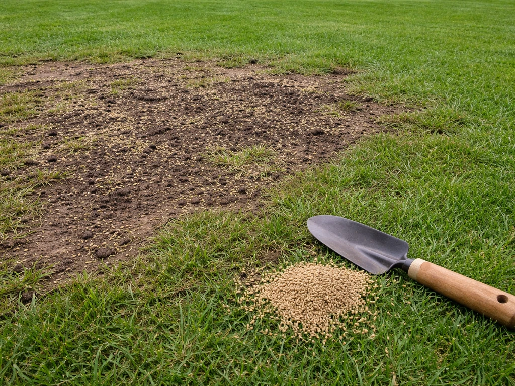 Zone de pelouse piétinée avec aération légère et regarnissage en cours, vue au ras du sol.