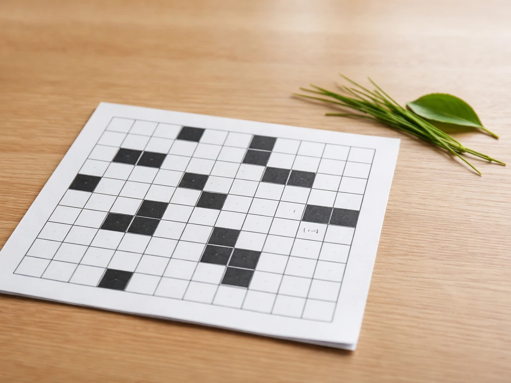 Grille de mots fléchés sur table en bois, avec un brin d’herbe pour évoquer une pelouse.