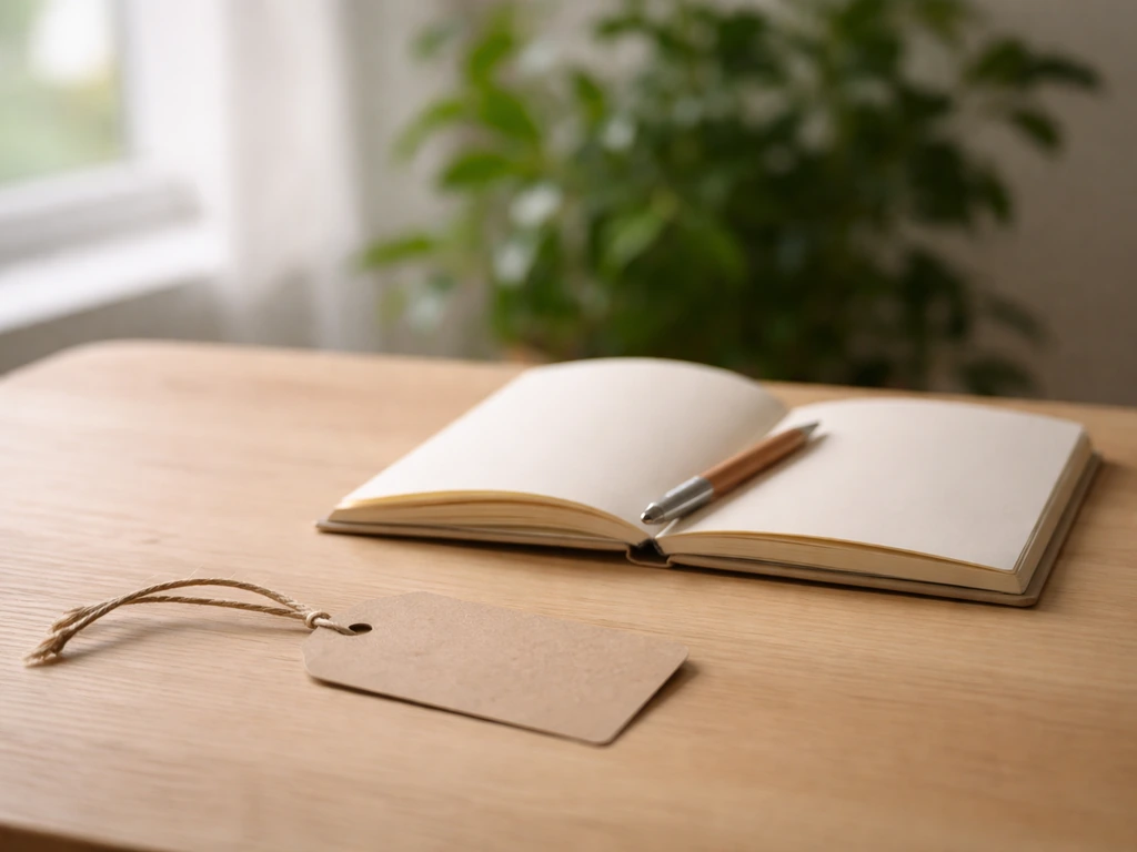 Bureau minimal avec une étiquette papier vierge et une plante verte en arrière-plan, ambiance calme