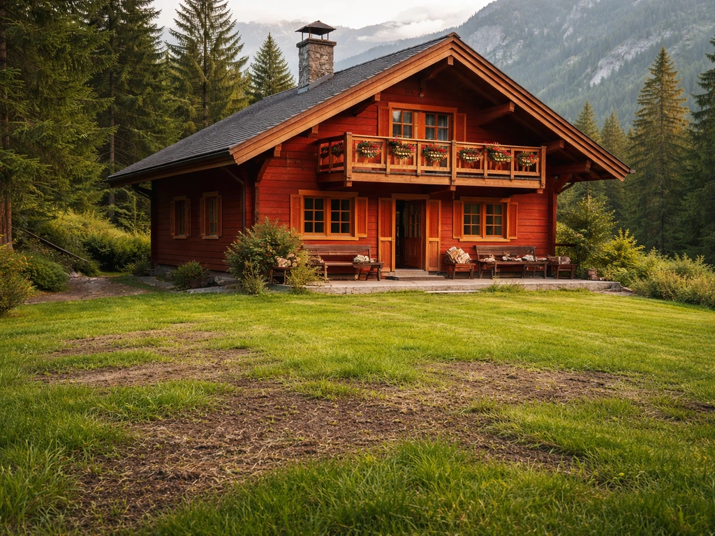 Chalet rouge en montagne avec une pelouse locale au premier plan, montrant la remise en état du gazon.