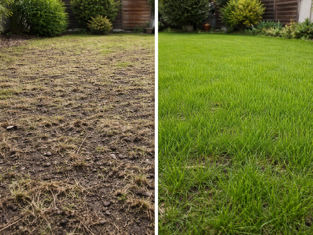 Avant/après en deux zones : sol décompacté et scarifié puis pelouse re-semée dans un jardin.