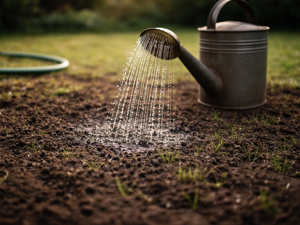 Arrosoir laissant tomber une pluie fine sur une zone de pelouse fraîchement semée, terre humide, jardin.