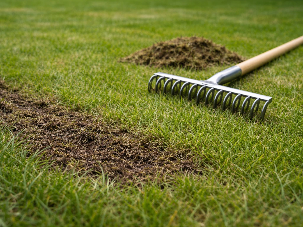 Pelouse avec feutrage, outils de scarification et ramassage de débris au sol, ambiance de jardinage