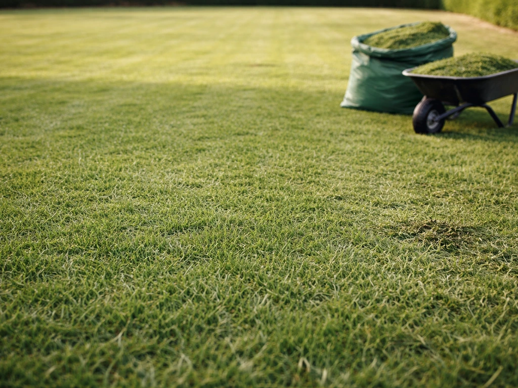 Vue au ras du sol d’une tonte rase, déchets ramassés, surface prête pour scarification