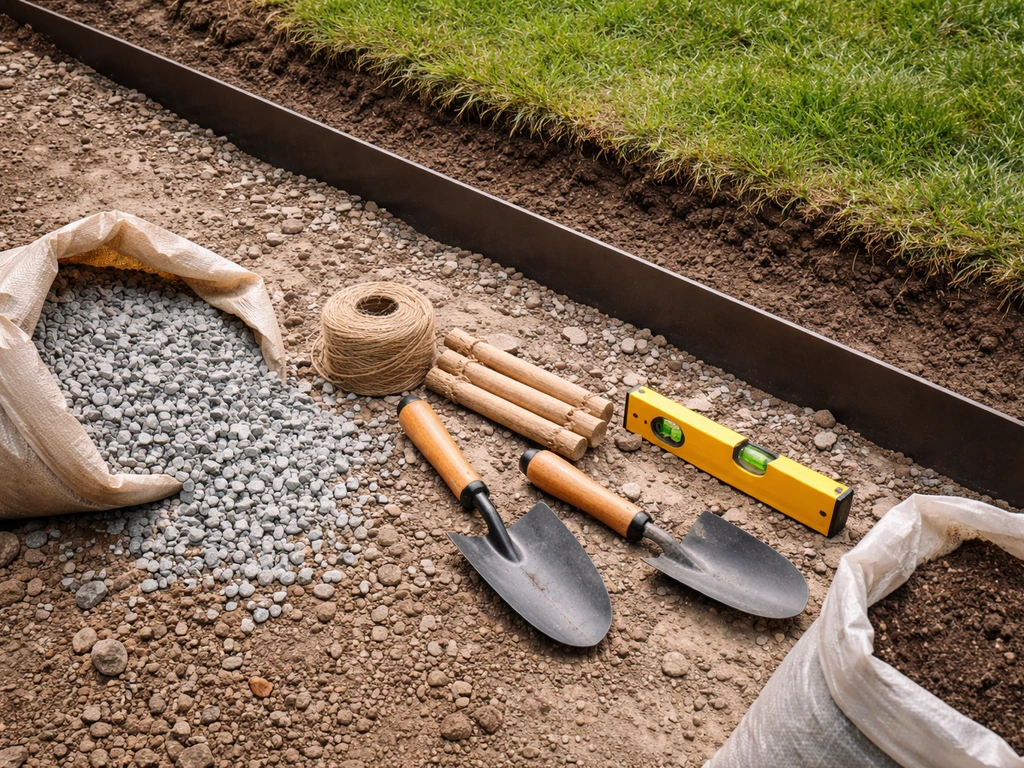 Outils et matériaux de jardin pour poser une bordure de gazon : bordure, gravier, terre, cordeau, niveau.