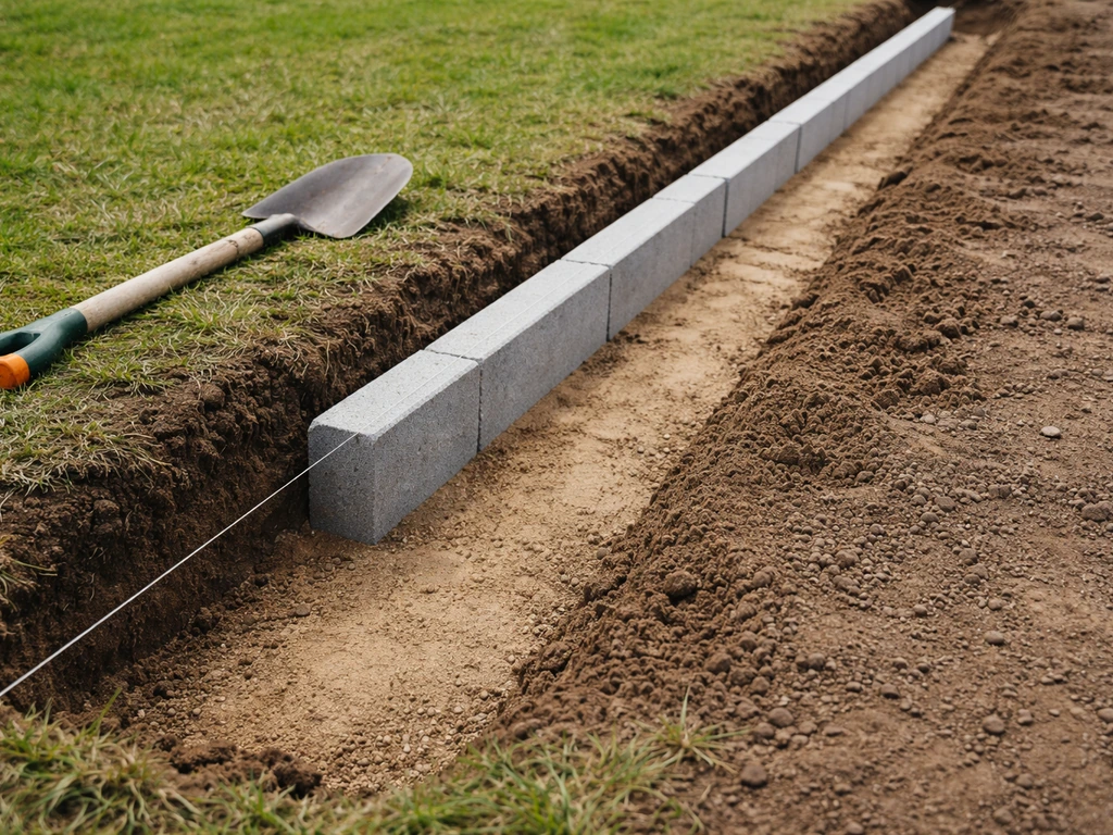 Tranchée creusée pour une bordure de jardin, bordure en cours de pose le long d’une ligne tracée.