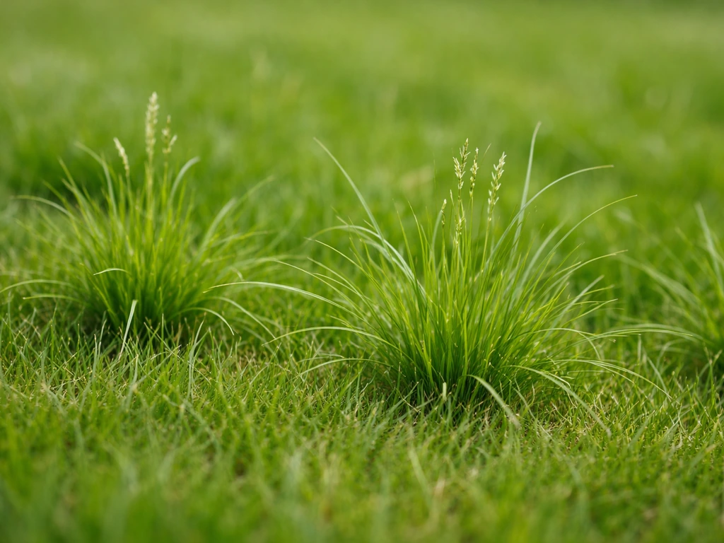 Macro d’une pelouse montrant des touffes de panic pied-de-coq bien distinctes dans l’herbe dense.
