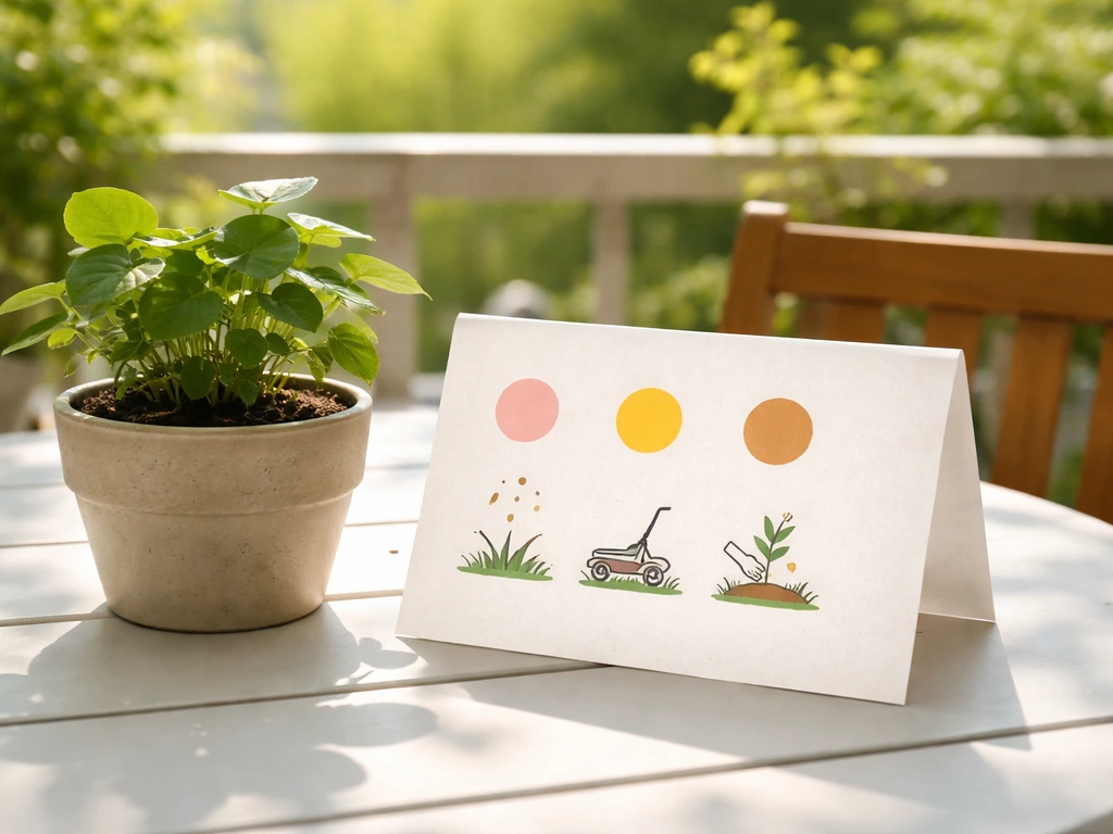Carte de calendrier par saisons avec pictogrammes d’actions de jardinage sur une table, lumière naturelle.