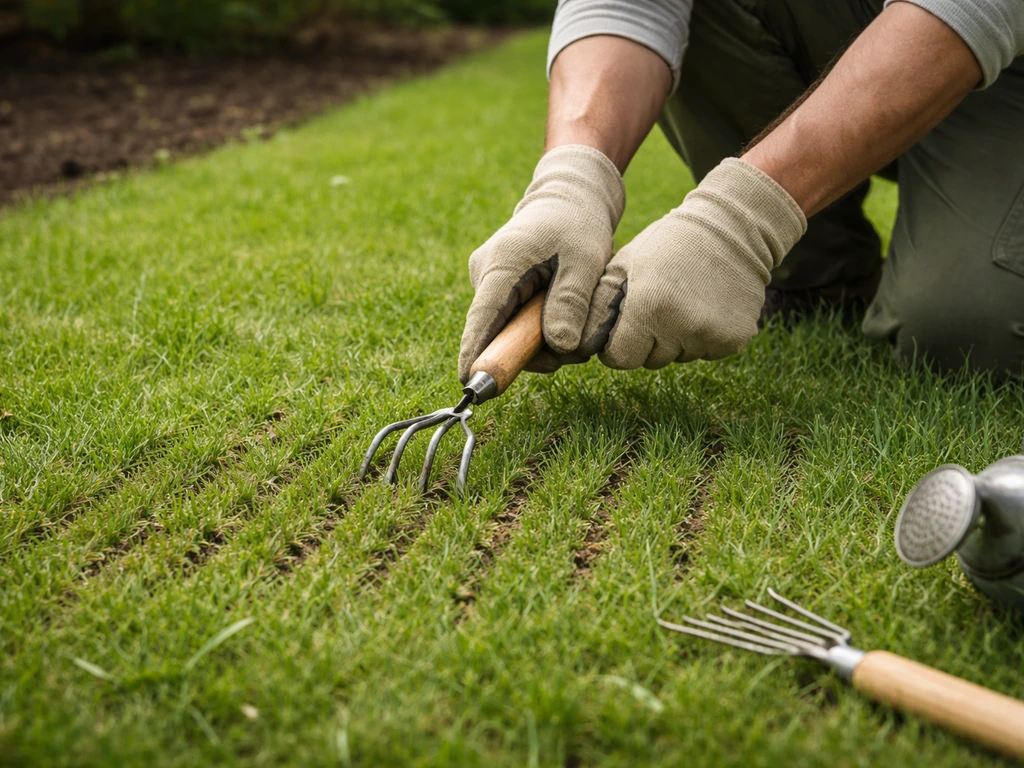 Jardinier tenant une petite griffe pour aérer une pelouse, sol légèrement humide et outil visible au sol.
