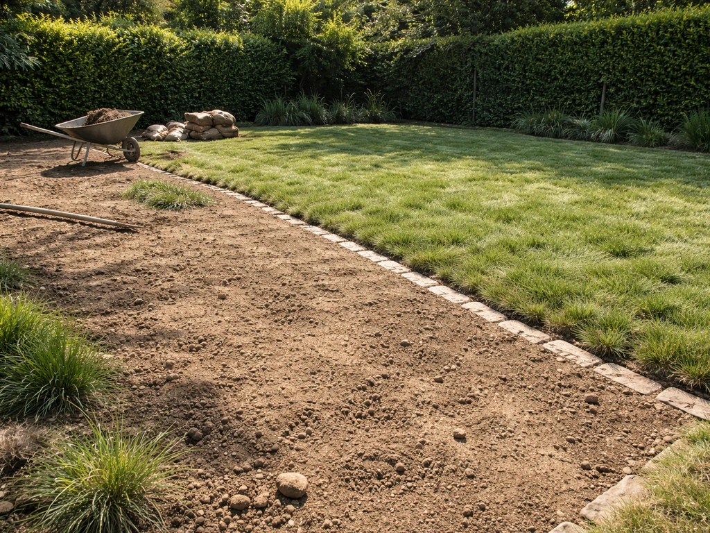 Jardin français au soleil : pelouse brunissante remplacée par une alternative de terrain sec, sol partiellement mis à nu