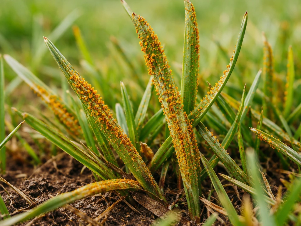 Gazon en gros plan avec pustules orangées de rouille, texture poudrée rouille visible entre les brins d’herbe.