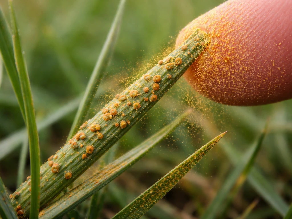 Macro d’herbe avec pustules orange brun-rouille sur les brins, poussière visible au contact des doigts